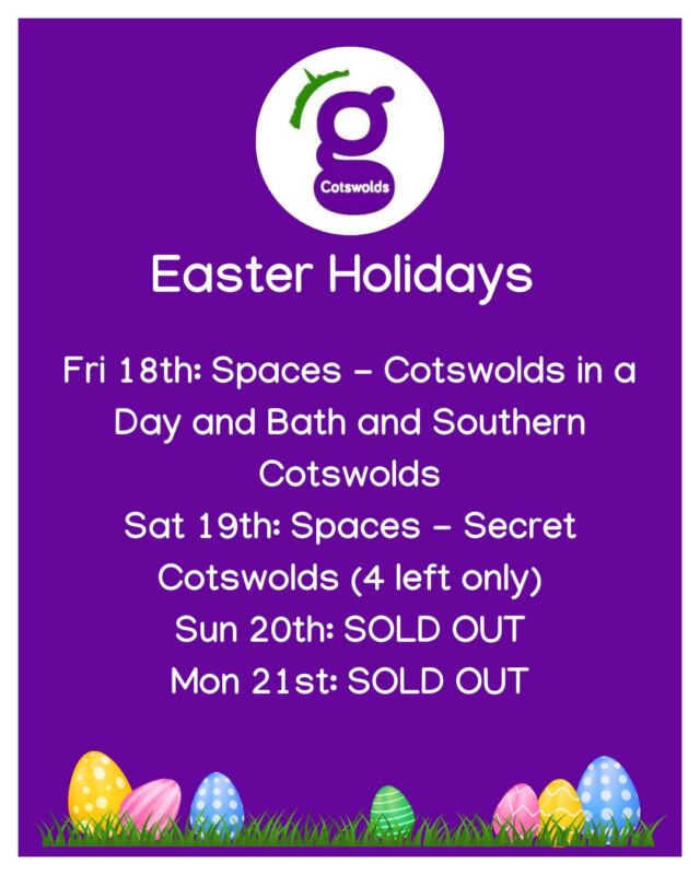 The Easter Holidays are upon us and tours are selling fast so if you were thiking of a tour, grab a seat quickly!
Good Friday (18th) we have spaces left on our Cotswolds in a Day and Bath & Southern Cotswolds tours.
Saturday (19th) 4 spaces left on our Secret Cotswolds tour only
Easter Sunday (20th) and Monday (21st) are now SOLD OUT!

Get in touch to ask about availability!
#Cotswolds #tours #easterholidays #easter #daysout #tdaytrip #uktravel #seetheuk #bucketlist #travel