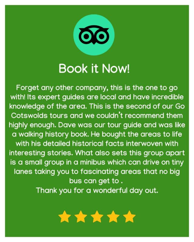 'Forget any other company, this is the one to go with!'
Now that’s the kind of feedback we love to wake up to! 
Shoutout to our brilliant guide Dave — described here as a walking history book (we agree!) — for bringing the Cotswolds to life with stories, laughs, and a few hidden gems only our mini-bus can reach. 
Small groups, expert local guides, and big countryside adventures — that’s the Go Cotswolds way. 
Thinking of joining us? We’d love to show you around.

#GoCotswolds #TourReview #SmallGroupBigExperience #WalkingHistoryBook #HiddenCotswolds #TravelTheCotswolds #FiveStarFeedback